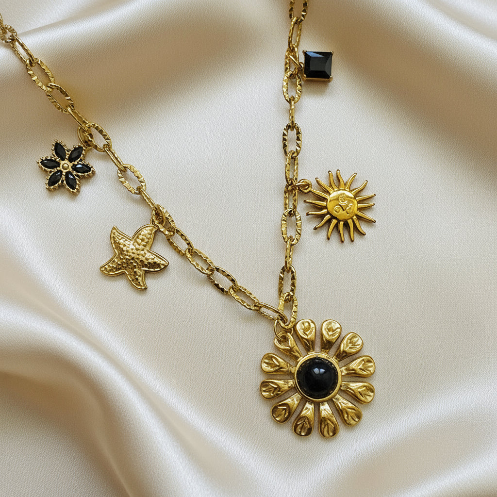 Collier charm Fleur noir