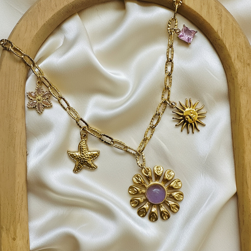 Collier charm Fleur rose