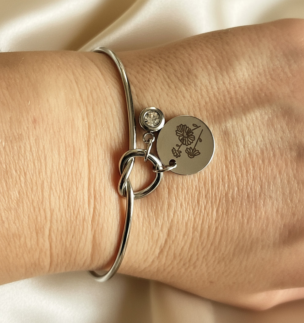 Bracelet ajustable Fleur de naissance argenté