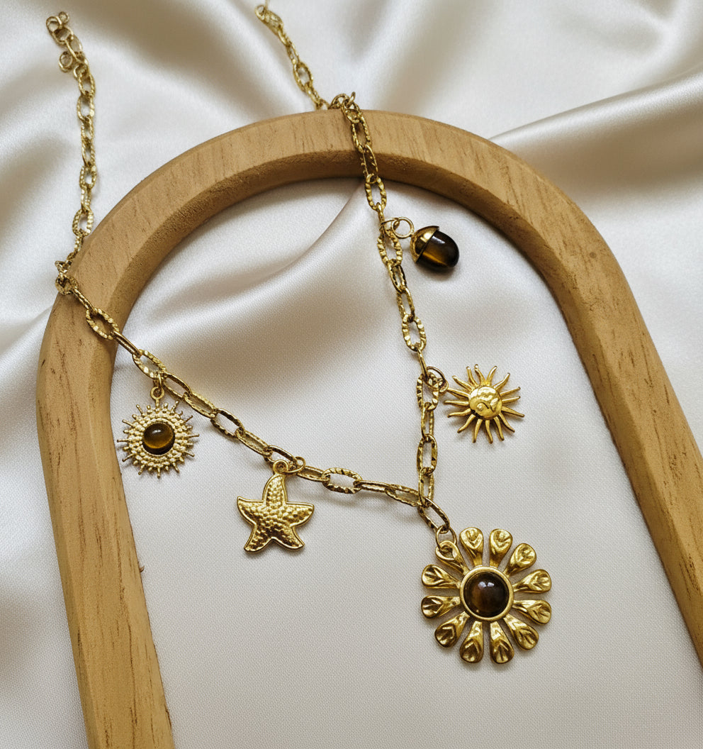 Collier charm Fleur marron