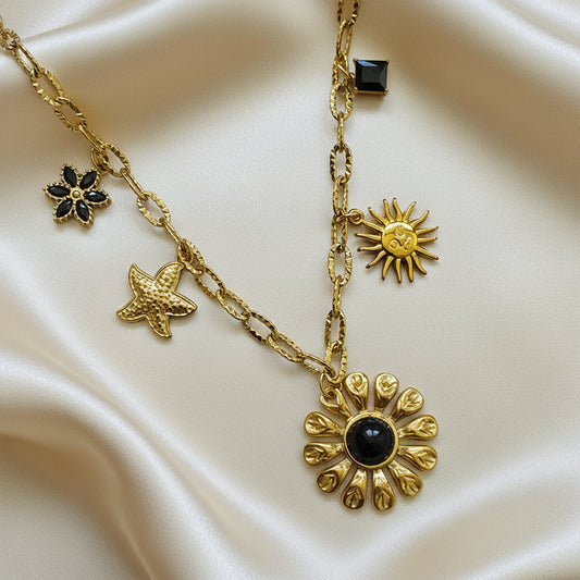 Collier charm Fleur noir