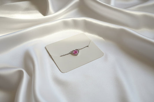 Collier coeur argent Myosotis fleur fuchsia