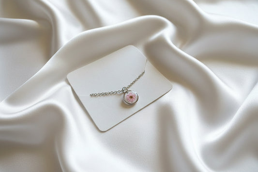 Collier argent Myosotis fleur rose