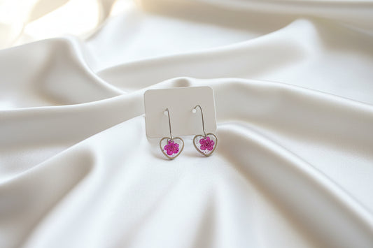 Boucles d'oreilles argent coeur Myosotis fleur fushia
